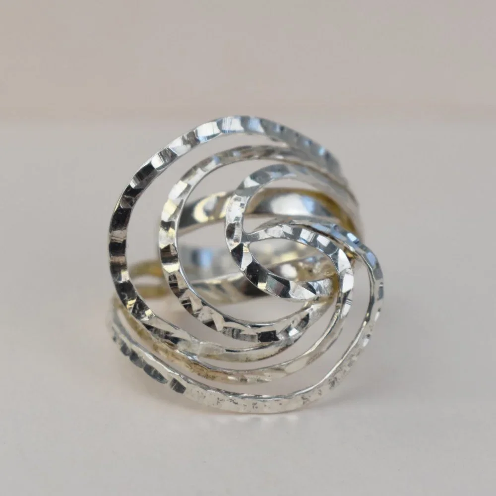 Bold extravagant silver ring for women, unusual large stoneless ring size 6 US